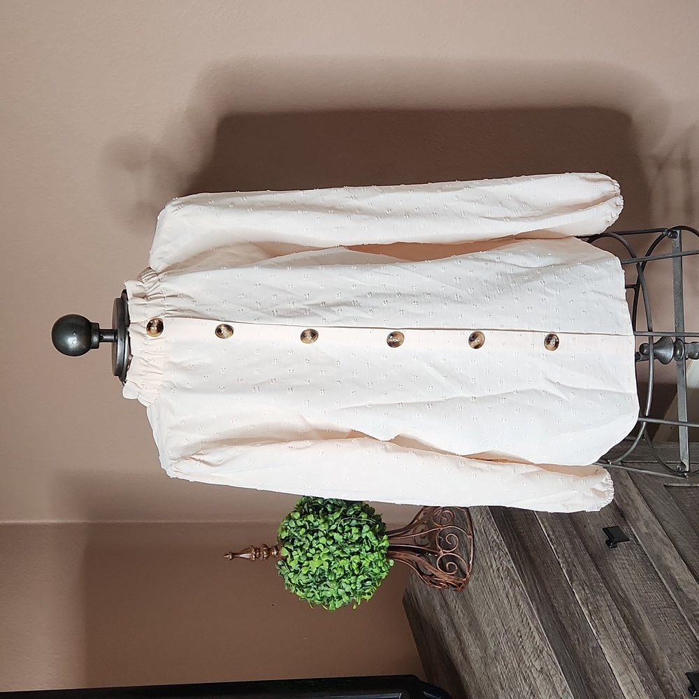 NWOT sz small cream pom pom blouse mock neck faux buttons bubble sleeve